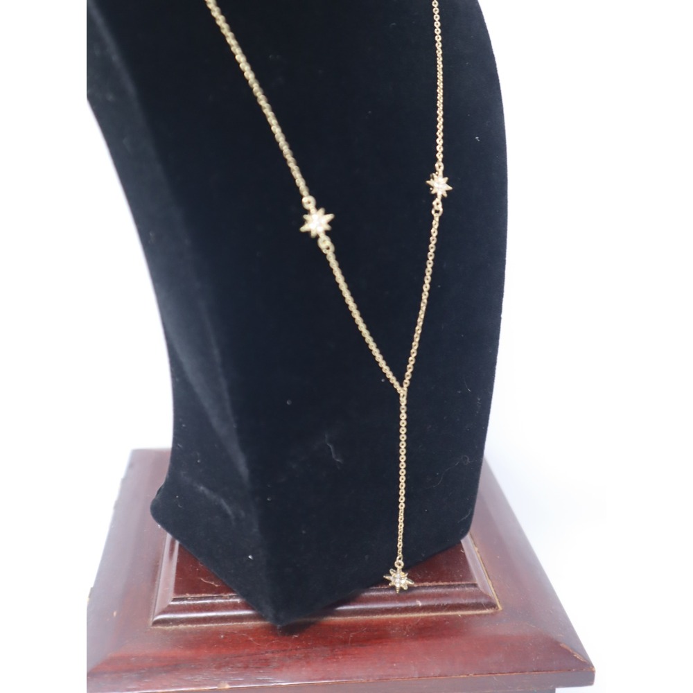 Goldtone Lariat Necklace 17in Starburst Stars Celestial Crystal Drop Dainty